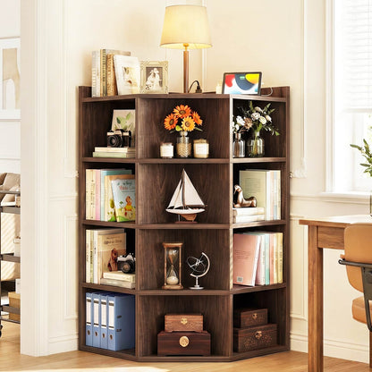 5-Tier Corner Cabinet with Power Outlets & 12 Storage Cubes - Wooden L-Shaped Bookshelf, Toy Organizer