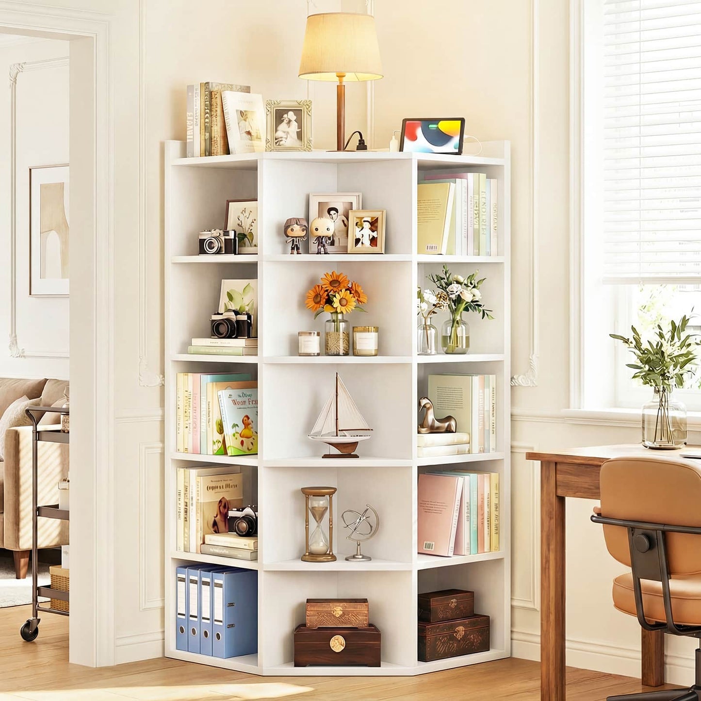 6-Tier Corner Cabinet with Power Outlets & 15 Cubes - Wooden L-Shaped Bookshelf, Toy Storage for Home Office, Bedroom, Living Room