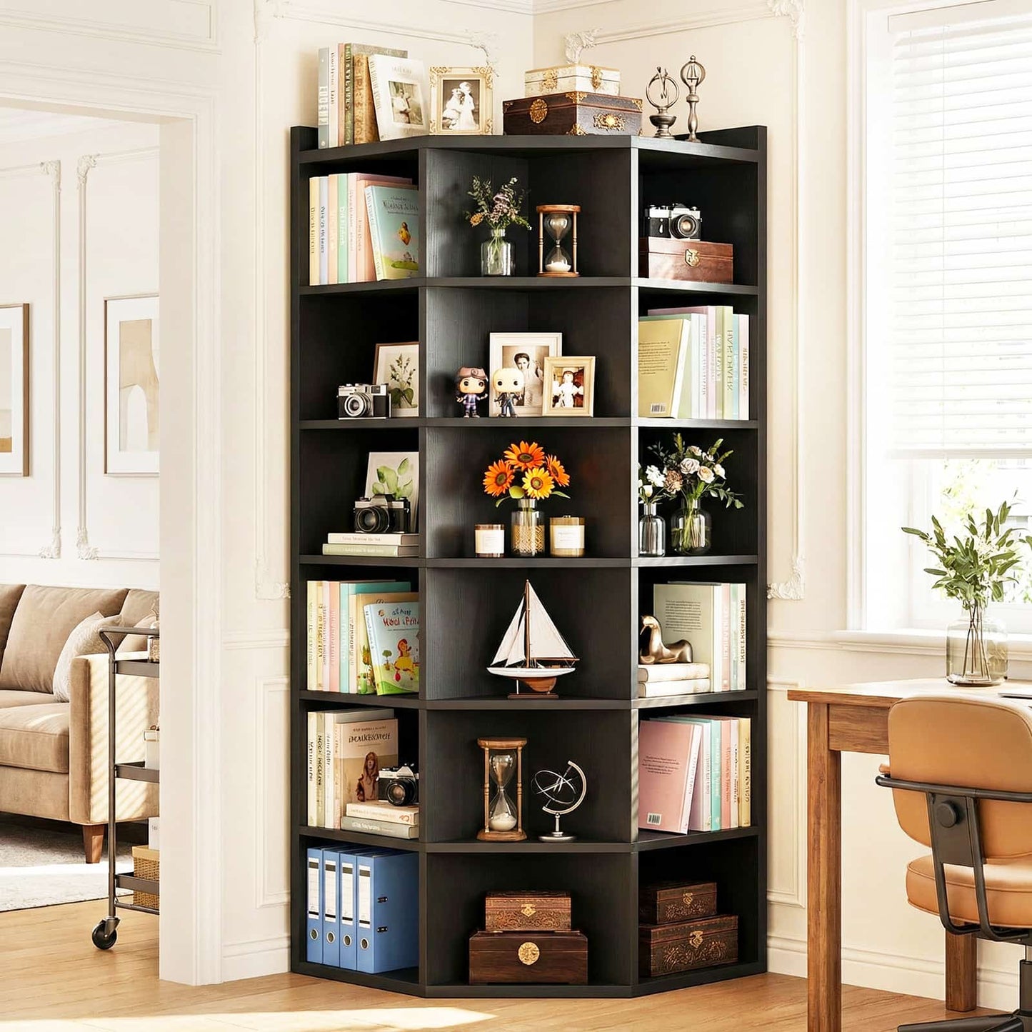 7-Tier Corner Cube Book Shelf - Wooden L-Shaped Storage Cabinet with Top Table for Small Spaces, Home Office, Bedroom, Living Room