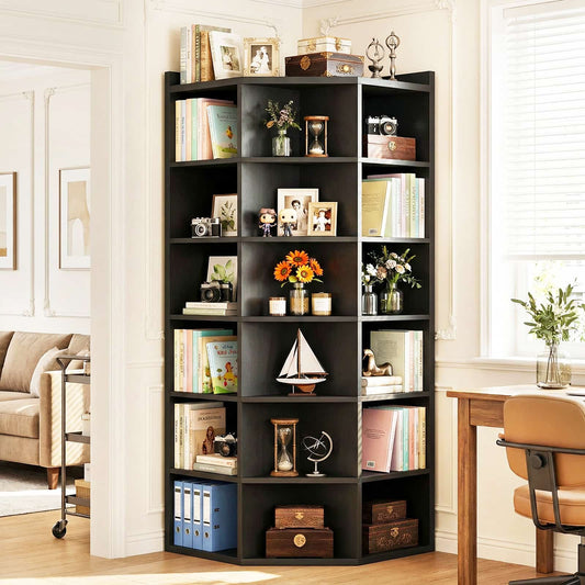 7-Tier Corner Cube Book Shelf - Wooden L-Shaped Storage Cabinet with Top Table for Small Spaces, Home Office, Bedroom, Living Room