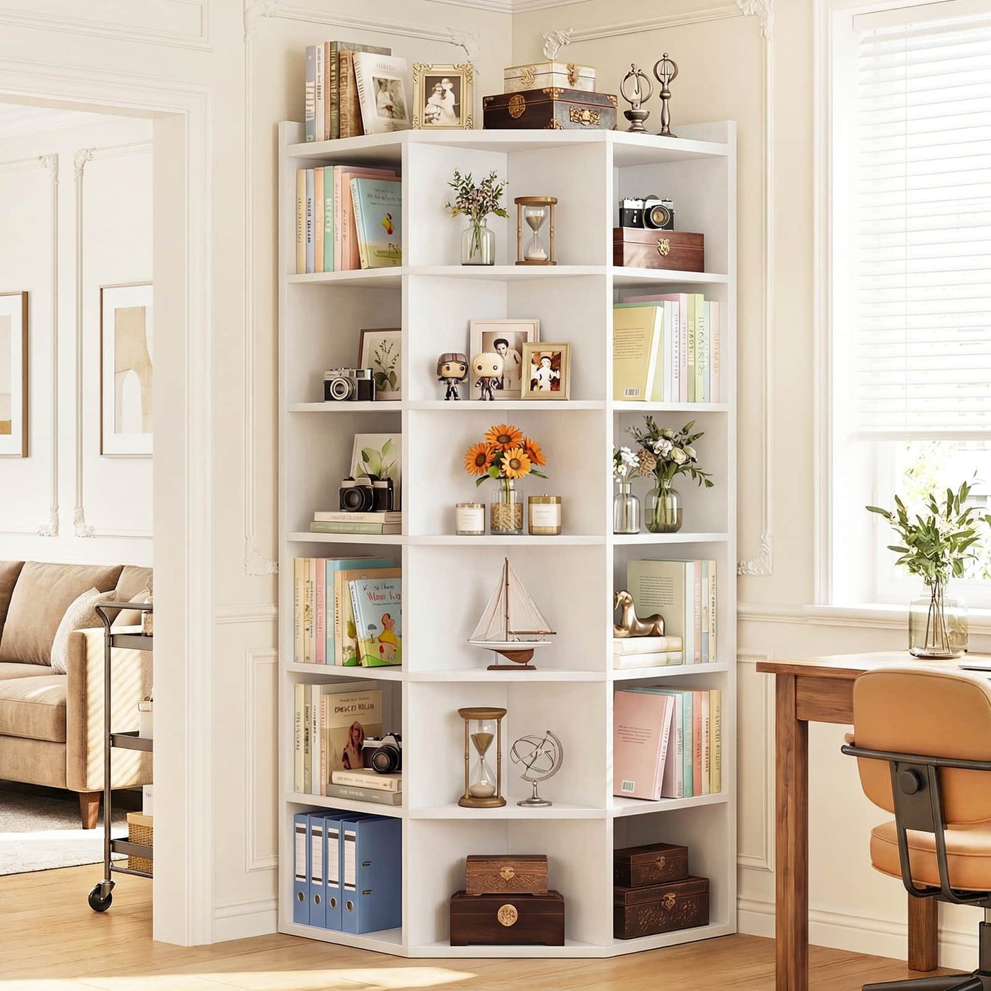 7-Tier Corner Cube Book Shelf - Wooden L-Shaped Storage Cabinet with Top Table for Small Spaces, Home Office, Bedroom, Living Room