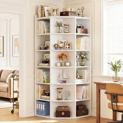 7-Tier Corner Cube Book Shelf - Wooden L-Shaped Storage Cabinet with Top Table for Small Spaces, Home Office, Bedroom, Living Room