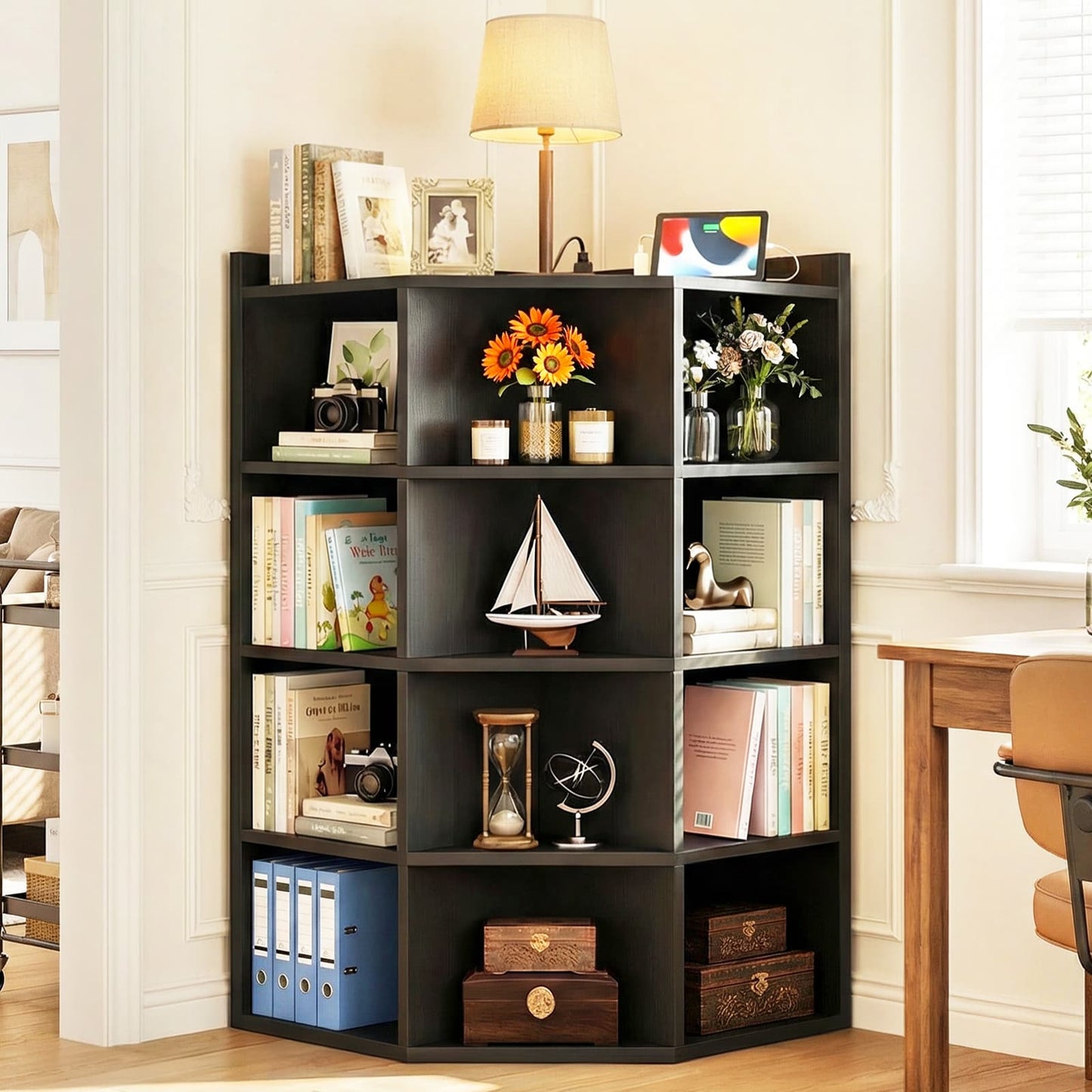 5-Tier Corner Cabinet with Power Outlets & 12 Storage Cubes - Wooden L-Shaped Bookshelf, Toy Organizer