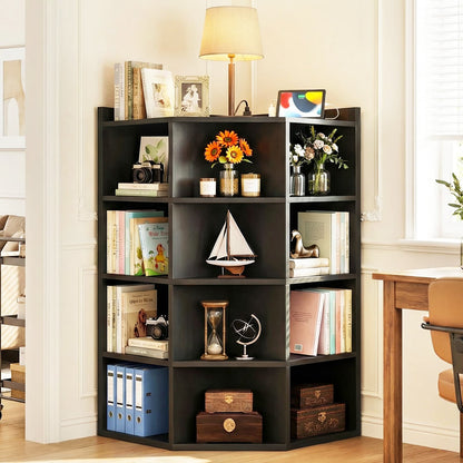 5-Tier Corner Cabinet with Power Outlets & 12 Storage Cubes - Wooden L-Shaped Bookshelf, Toy Organizer