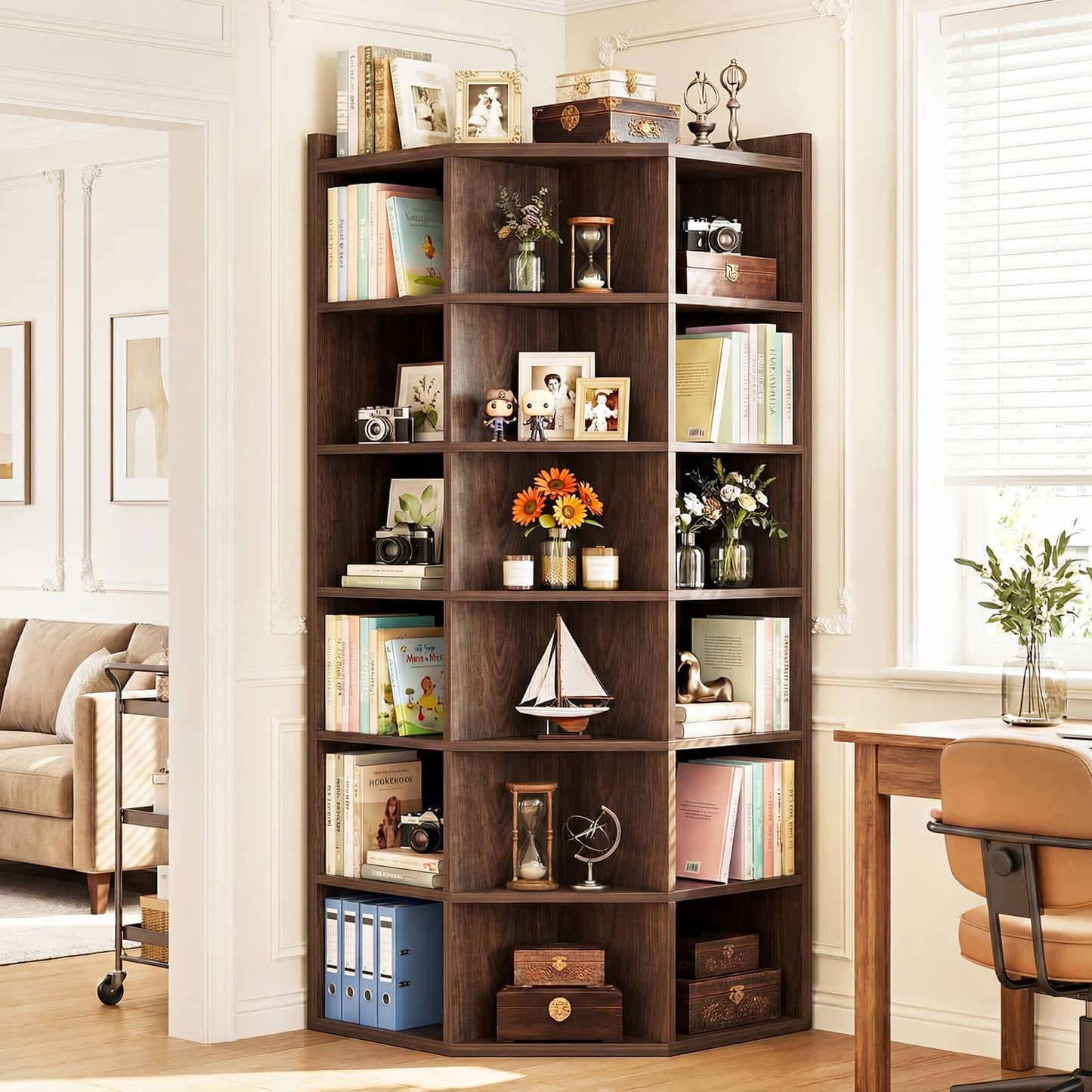 7-Tier Corner Cube Book Shelf - Wooden L-Shaped Storage Cabinet with Top Table for Small Spaces, Home Office, Bedroom, Living Room