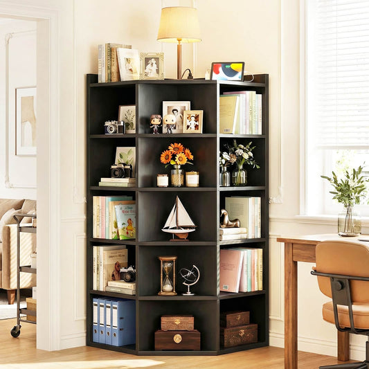6-Tier Corner Cabinet with Power Outlets & 15 Cubes - Wooden L-Shaped Bookshelf, Toy Storage for Home Office, Bedroom, Living Room