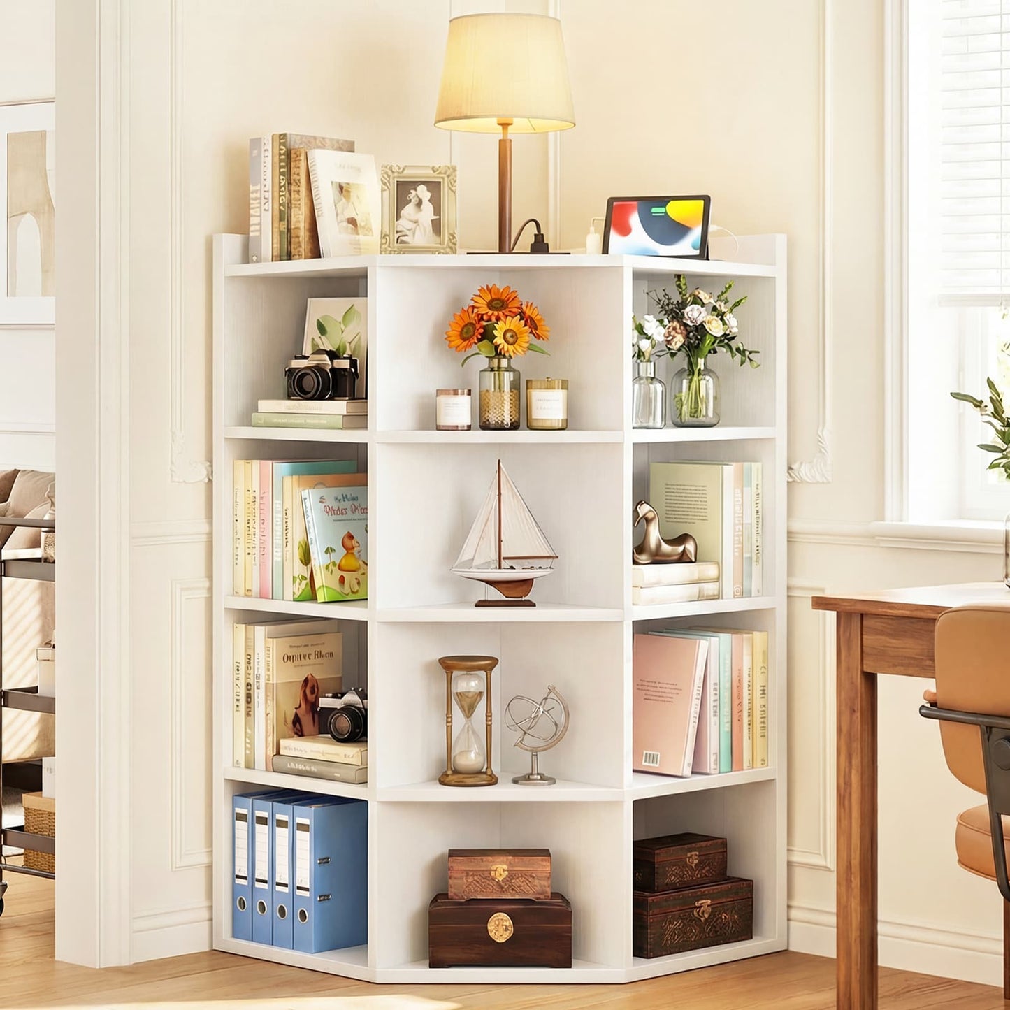 5-Tier Corner Cabinet with Power Outlets & 12 Storage Cubes - Wooden L-Shaped Bookshelf, Toy Organizer