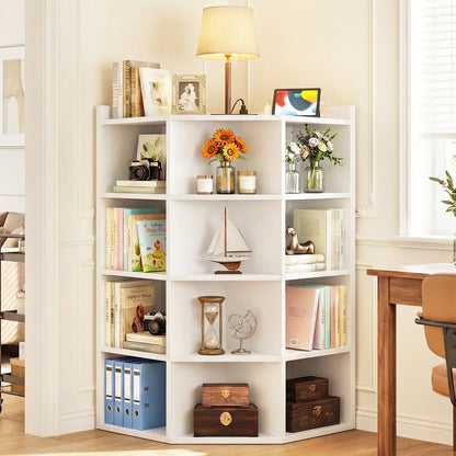 5-Tier Corner Cabinet with Power Outlets & 12 Storage Cubes - Wooden L-Shaped Bookshelf, Toy Organizer
