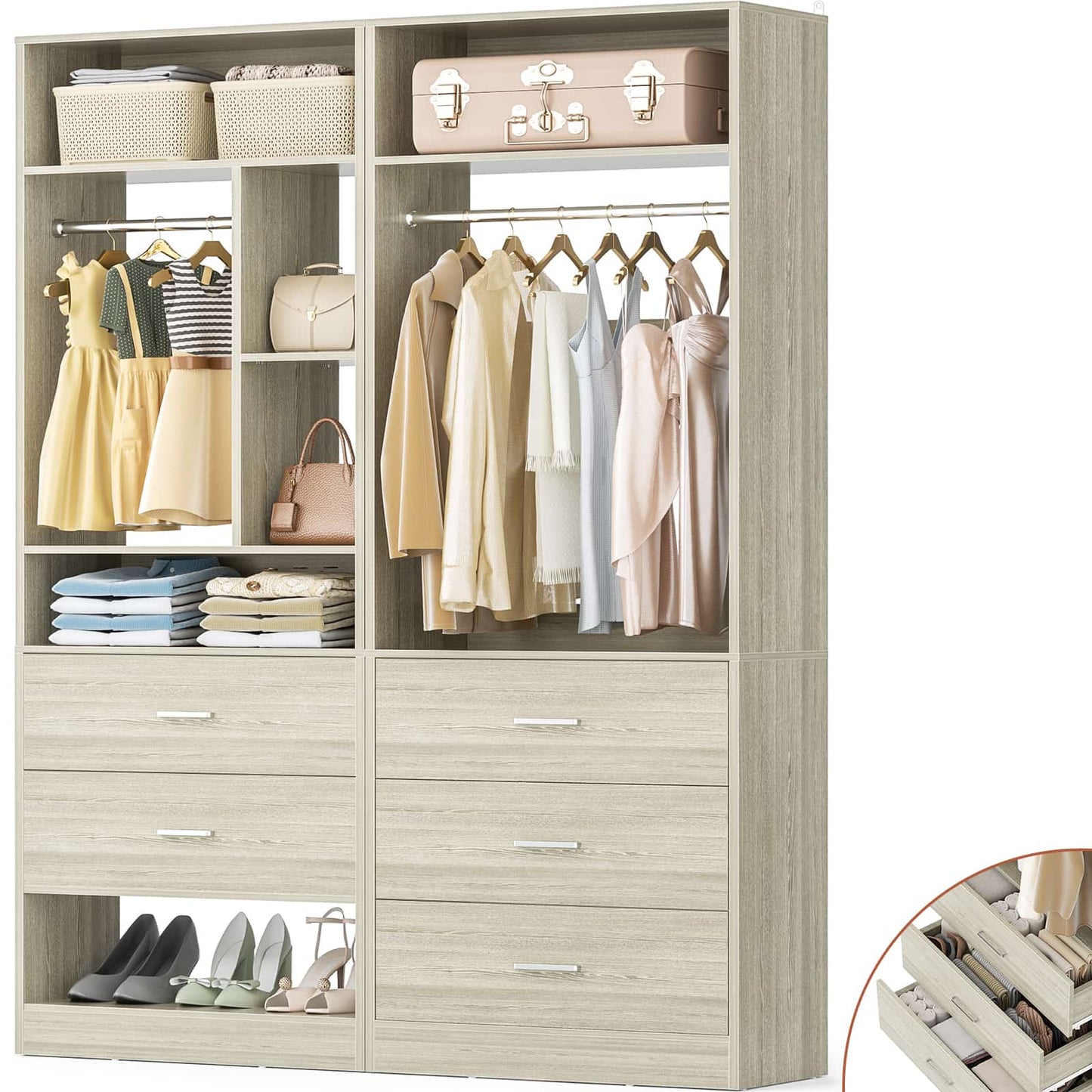 63.2" L X 39.2" W X 80" H Corner Closet System,Freestanding Closet Organizer System With 2 Drawers & 12 Shelves