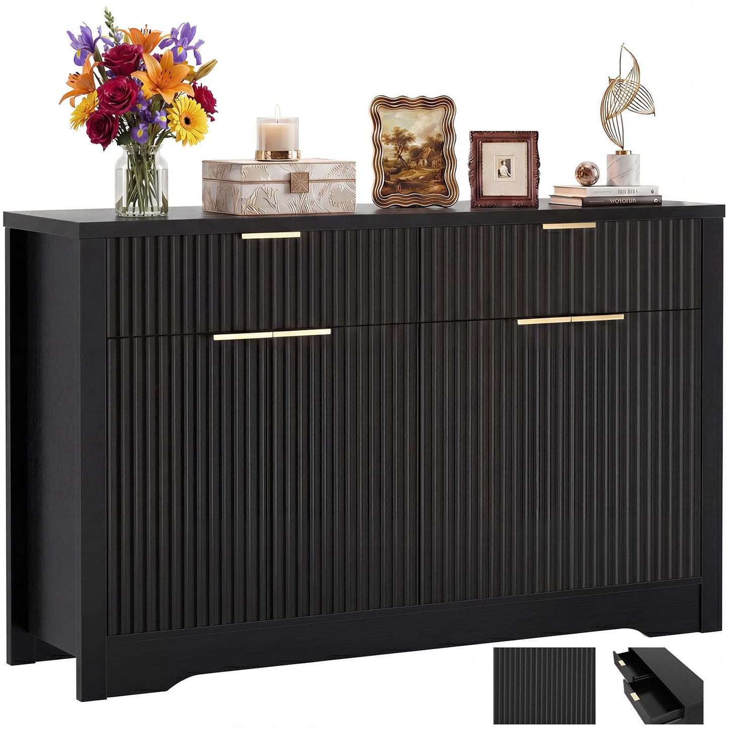 Buffet Cabinet with Storage, 55" Fluted Sideboard Buffet with Drawers