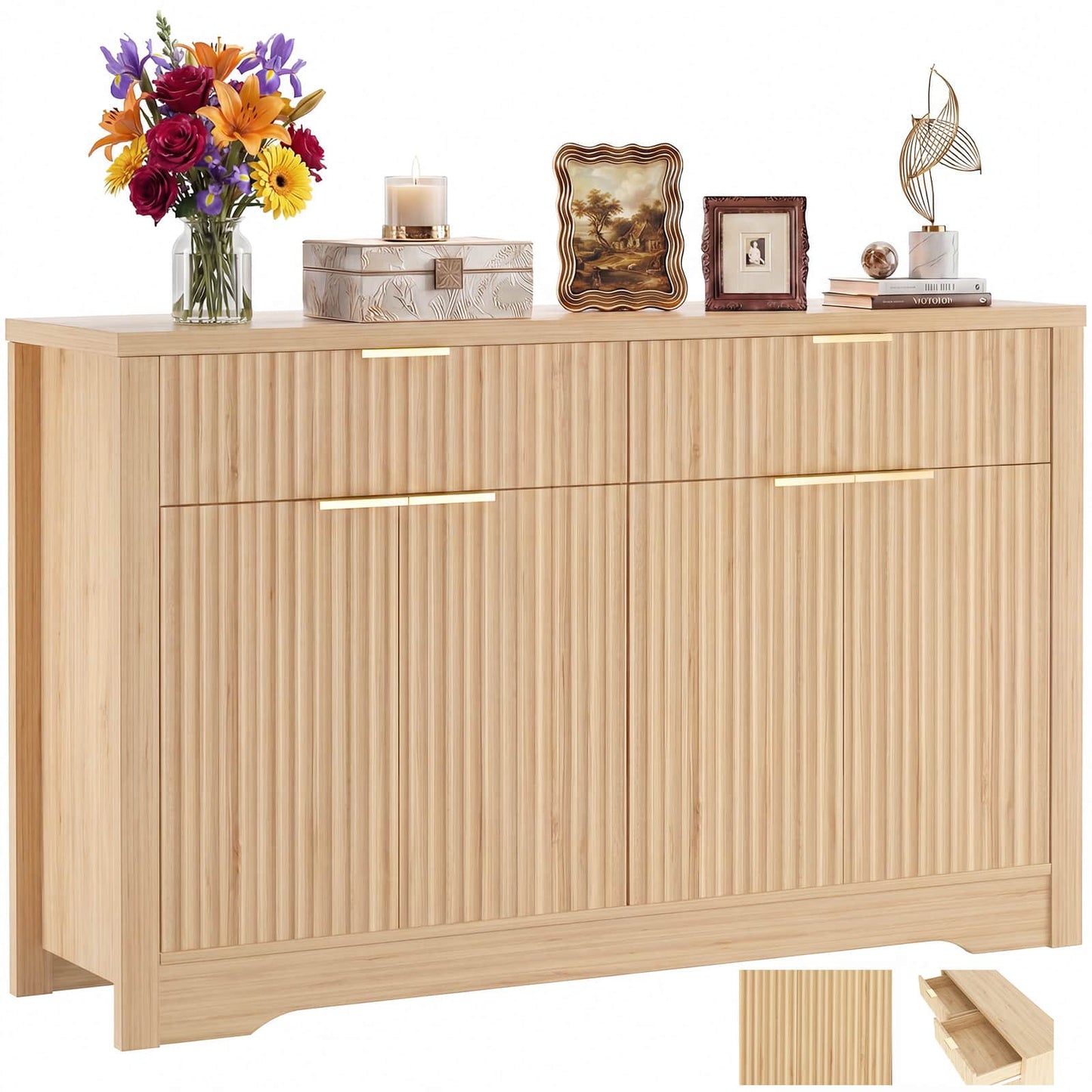 Buffet Cabinet with Storage, 55" Fluted Sideboard Buffet with Drawers
