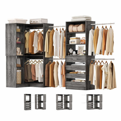 58"-152" Freestanding Closet System, Wardrobe Organizer with Drawers & Shelves, Corner Storage Unit for Bedroom/Living Room