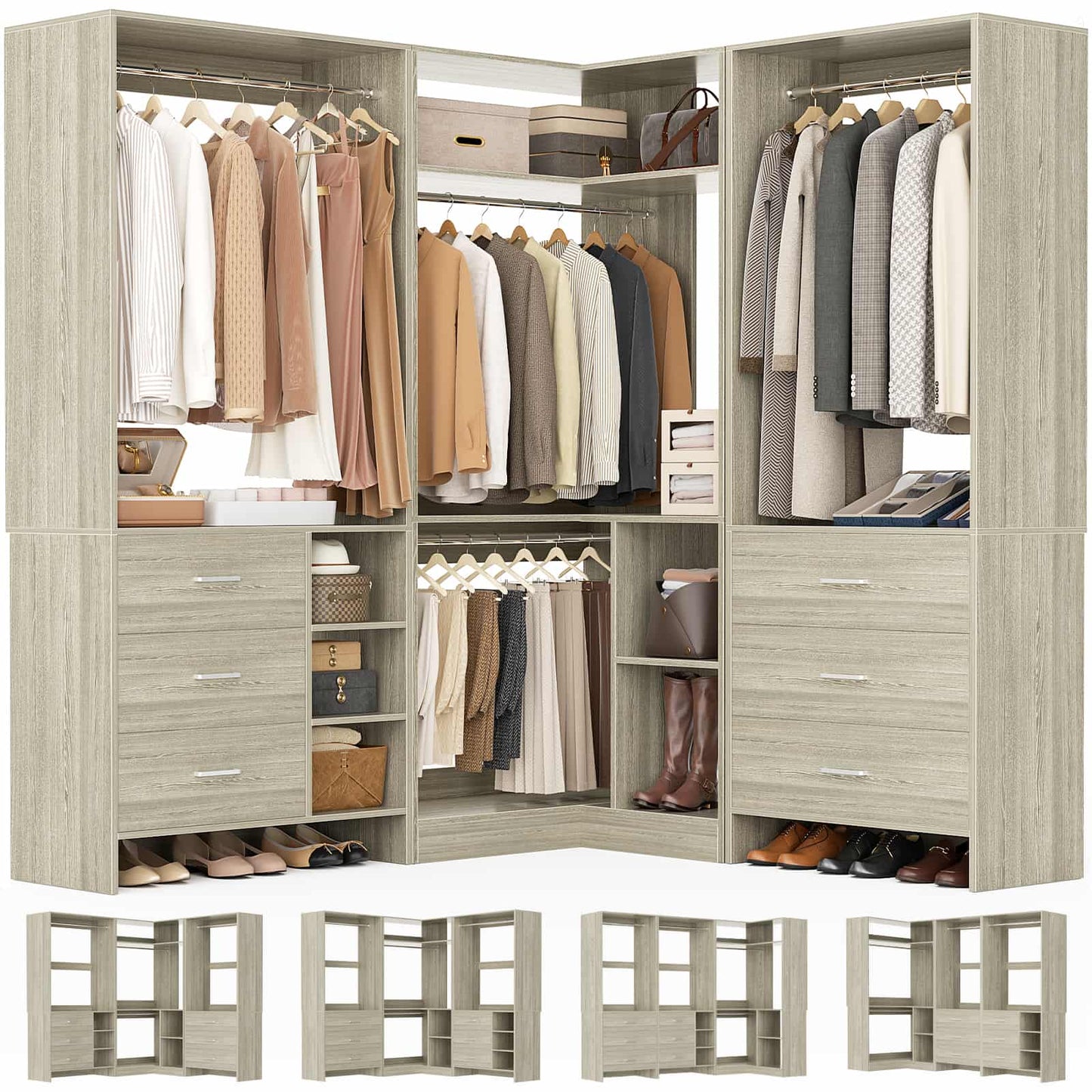 Closet System with 6 Drawers, 4 Hanging Rods & Corner Tower