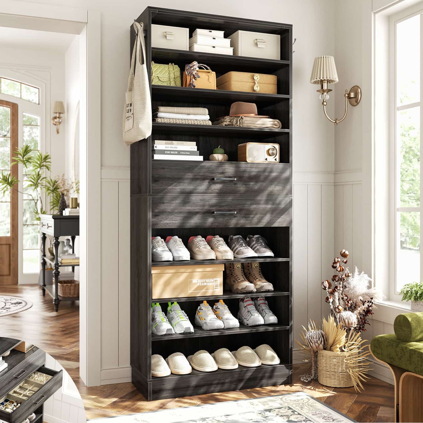 10-Tier Shoe Cabinet with 2 Drawers, 65cm Width Freestanding Closet Organizer