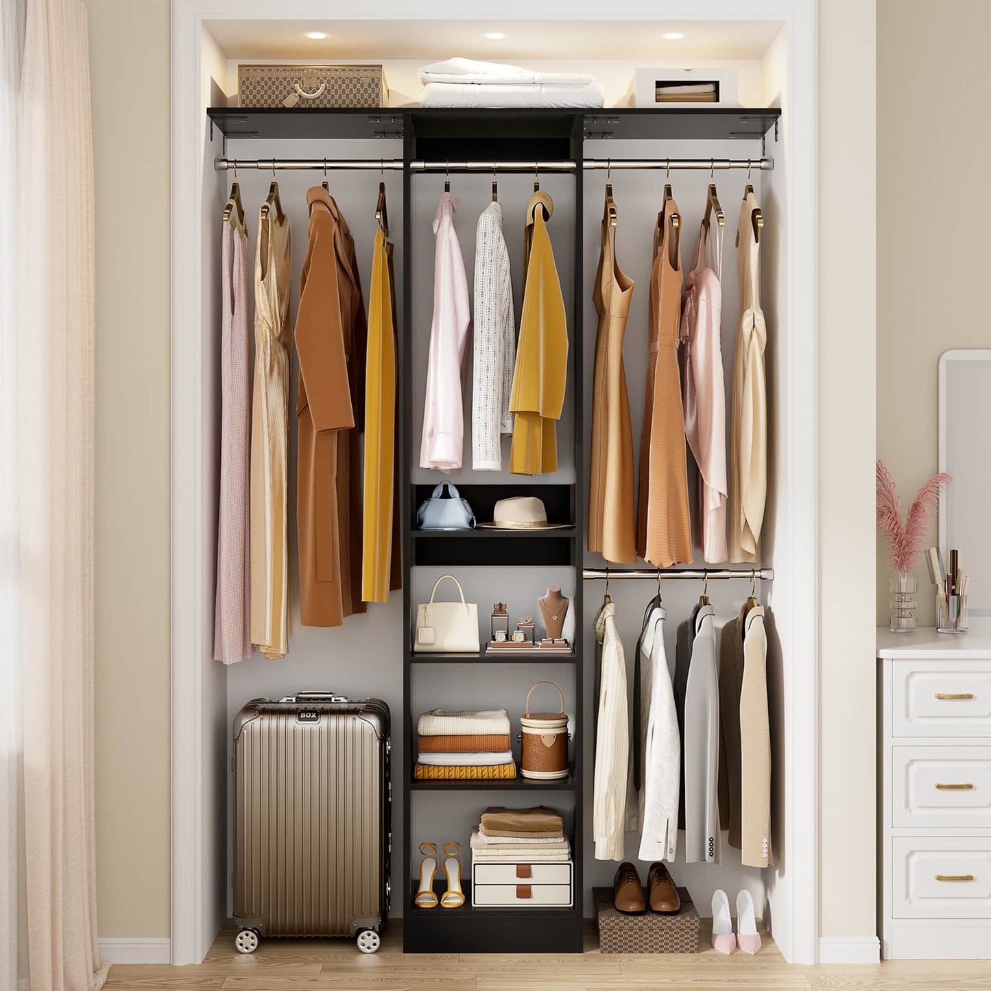 4FT Small Closet System with 4 Closet Rods & 3 Shelves