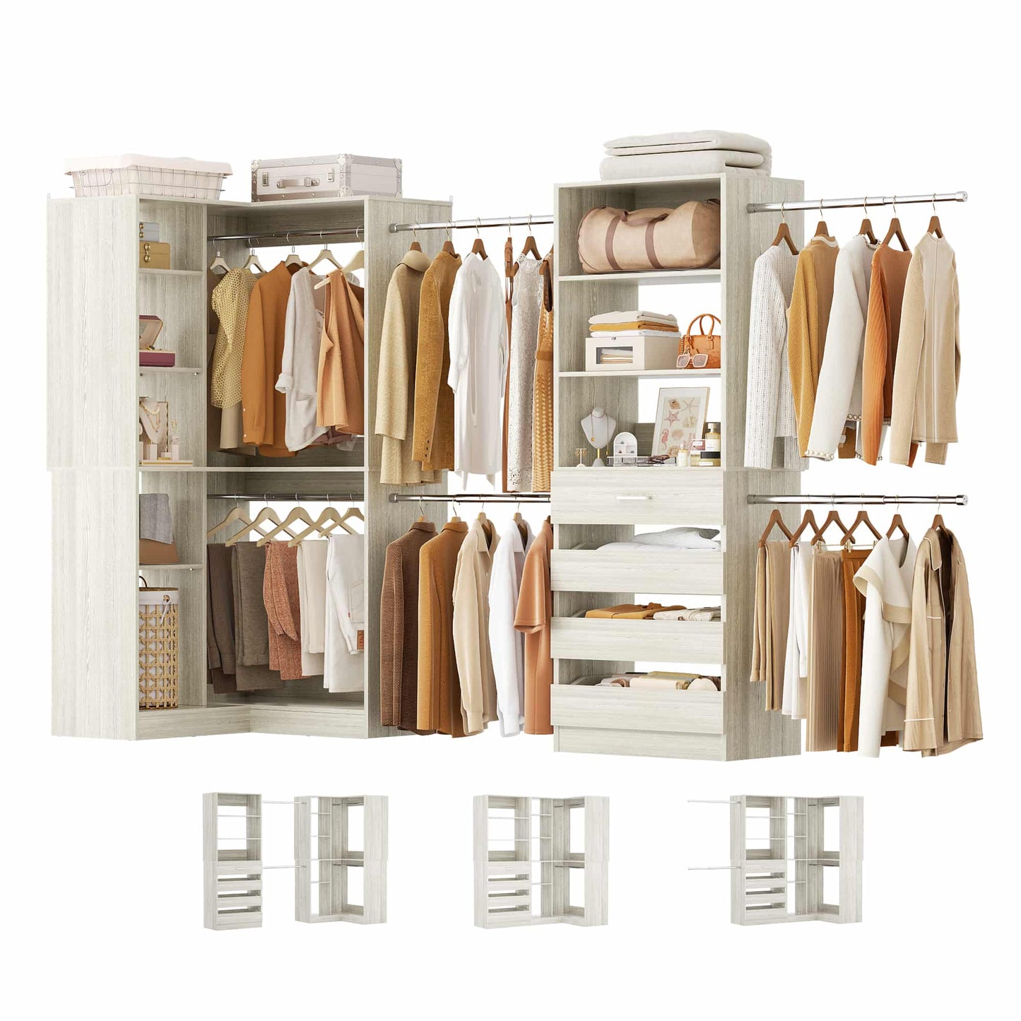 58"-152" Freestanding Closet System, Wardrobe Organizer with Drawers & Shelves, Corner Storage Unit for Bedroom/Living Room