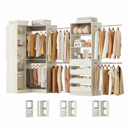 58"-152" Freestanding Closet System, Wardrobe Organizer with Drawers & Shelves, Corner Storage Unit for Bedroom/Living Room