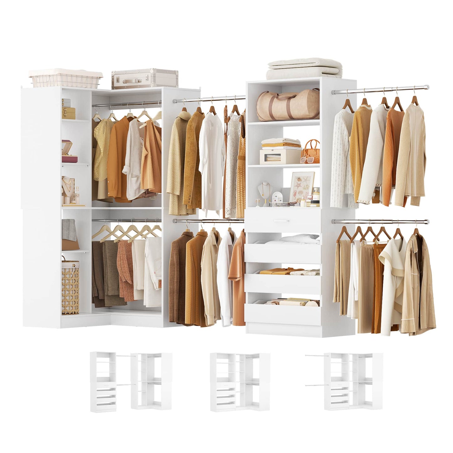 58"-152" Freestanding Closet System, Wardrobe Organizer with Drawers & Shelves, Corner Storage Unit for Bedroom/Living Room