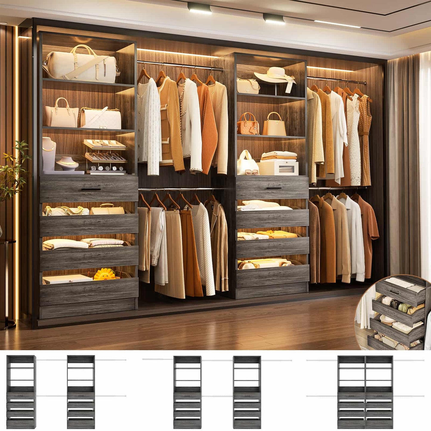 Adjustable Closet Organizer System (6-15Ft) with 8 Wooden Drawers & Modular Tower