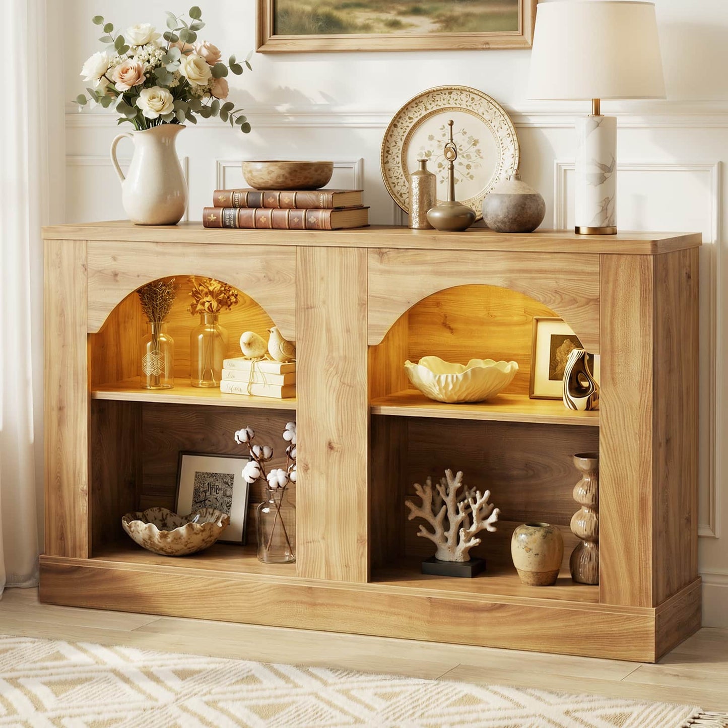 47" Arched LED Entryway Table - Farmhouse Console Table with Adjustable Shelves, Sofa Table, Sideboard Buffet Storage Cabinet