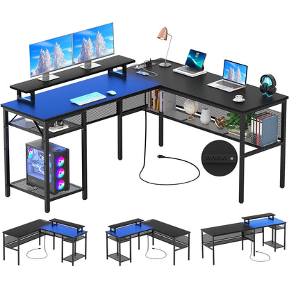 L Shaped Computer Desk with Magic Power Outlets and Smart LED Light