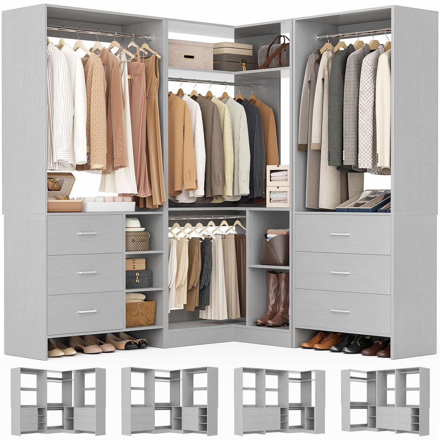 Closet System with 6 Drawers, 4 Hanging Rods & Corner Tower