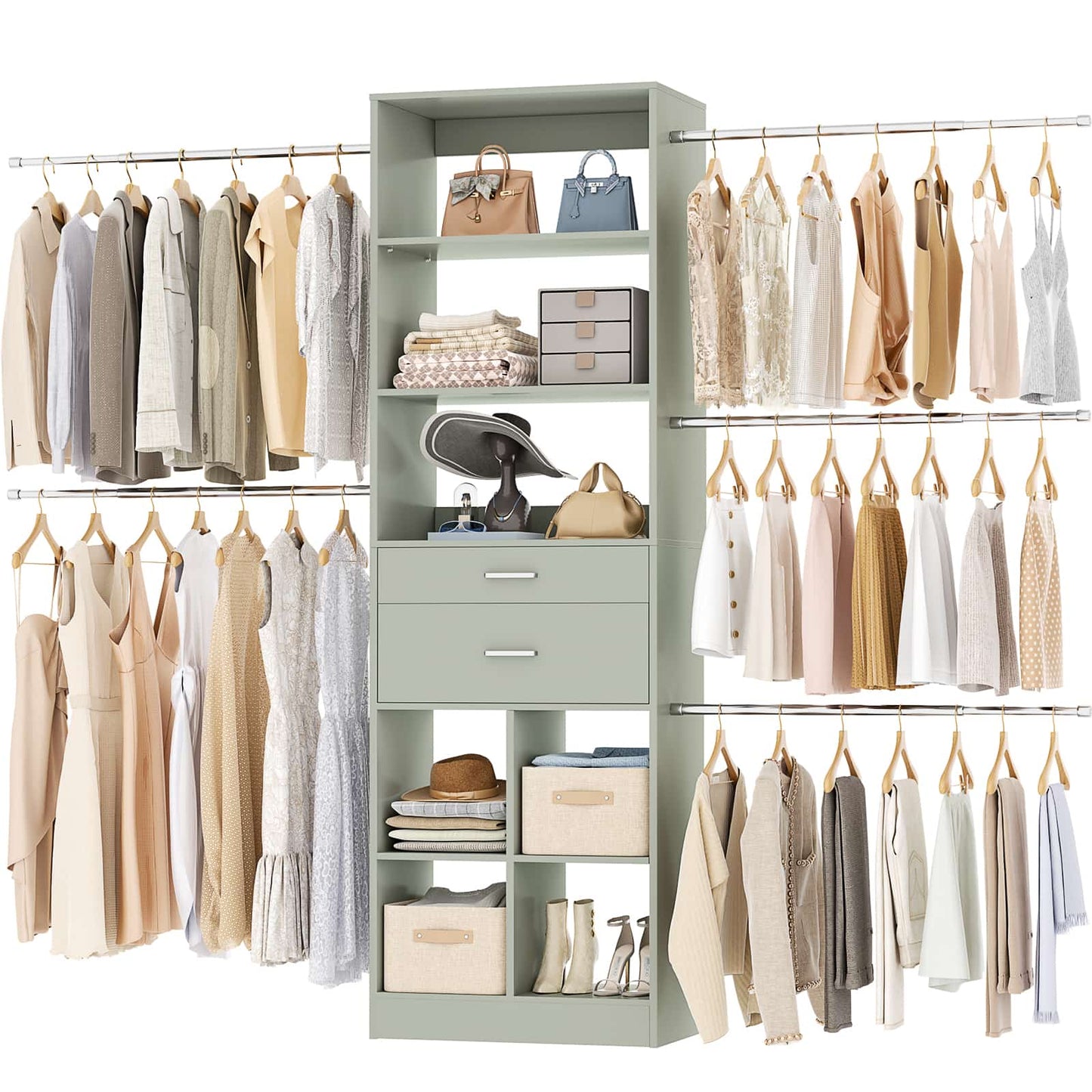 4-8 FT Walk-in Closet Organizer Tower, 2 Wooden Drawers + 5 Hang Rods, Built-in Shelves, Fit 60-96'' Closet Systems