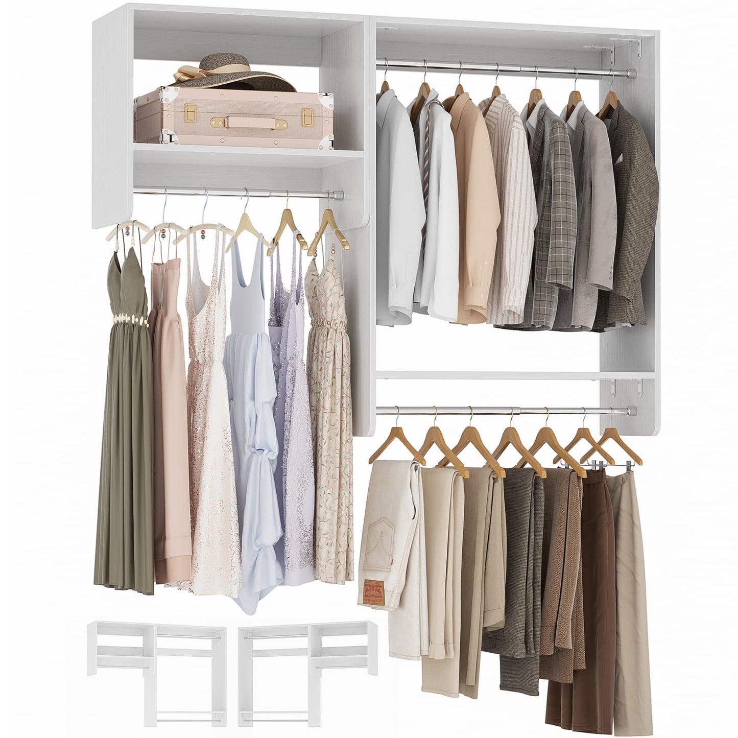 5FT Walk in Wood Clothing Rack with 3 Hanging Rods and 2 Shelves