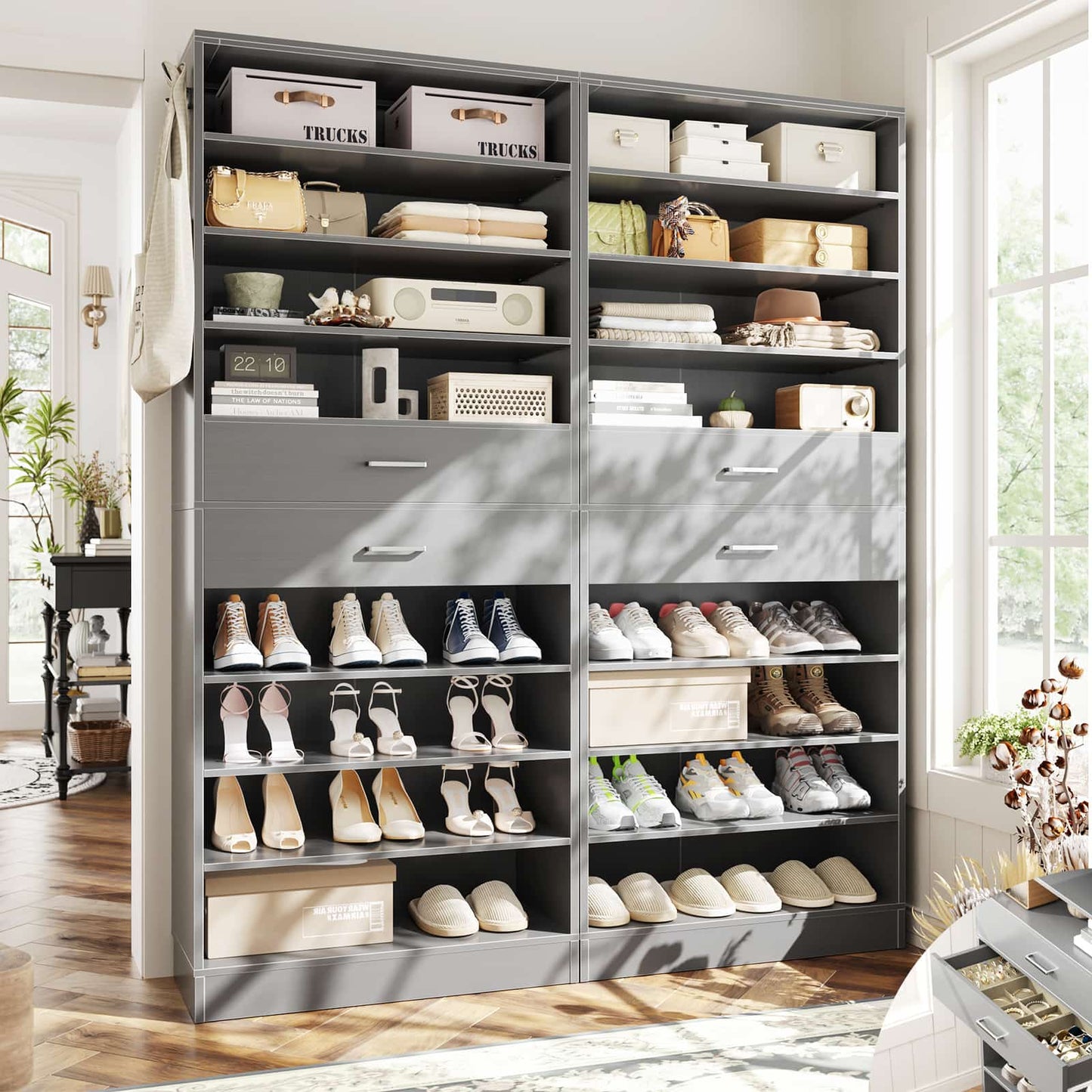 2-Pack 10-Tier Shoe Cabinet Set with 4 Drawers, 65cm Width Freestanding Organizer
