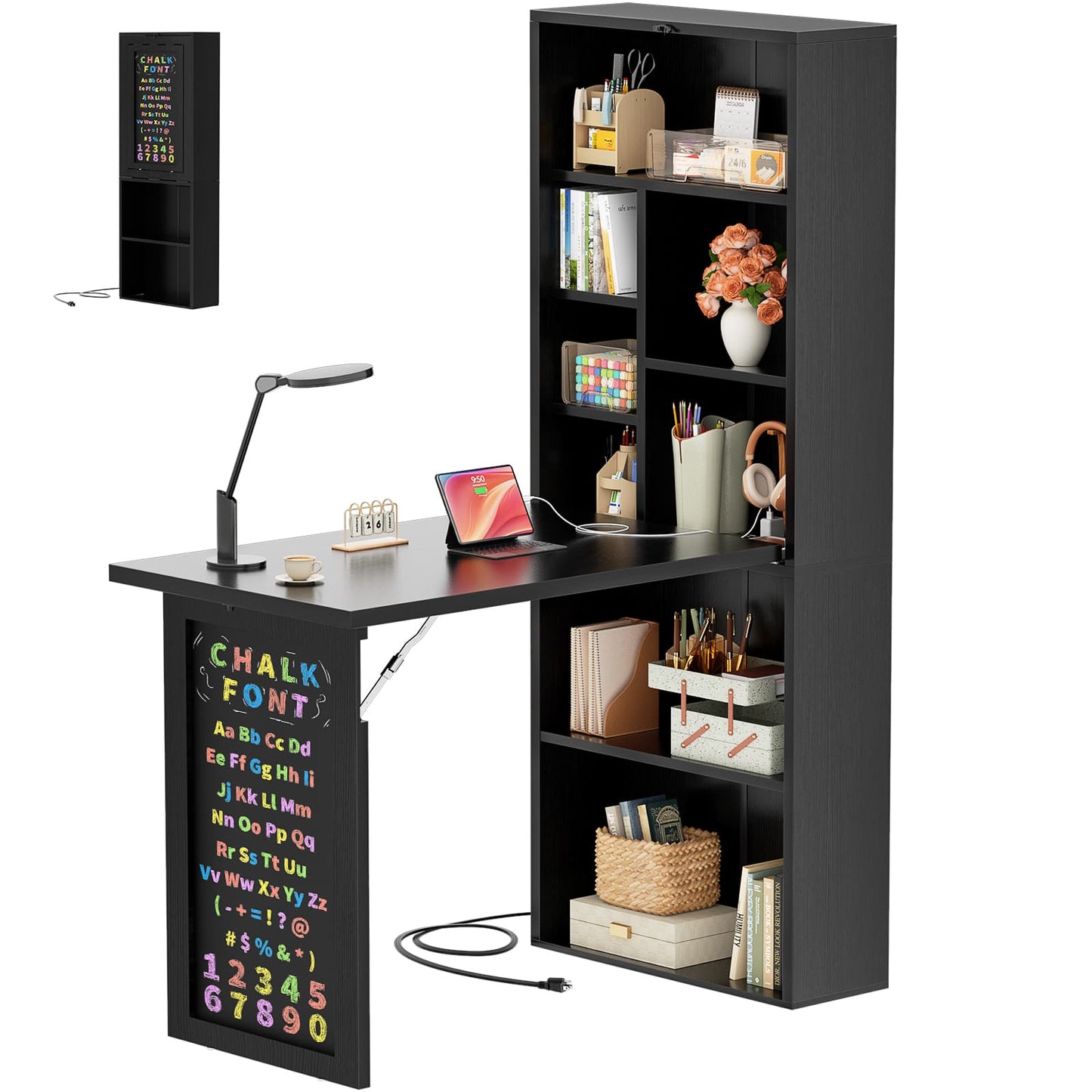 Small Folding Desk with Outlets, Convertible Writing Desk for Small Spaces