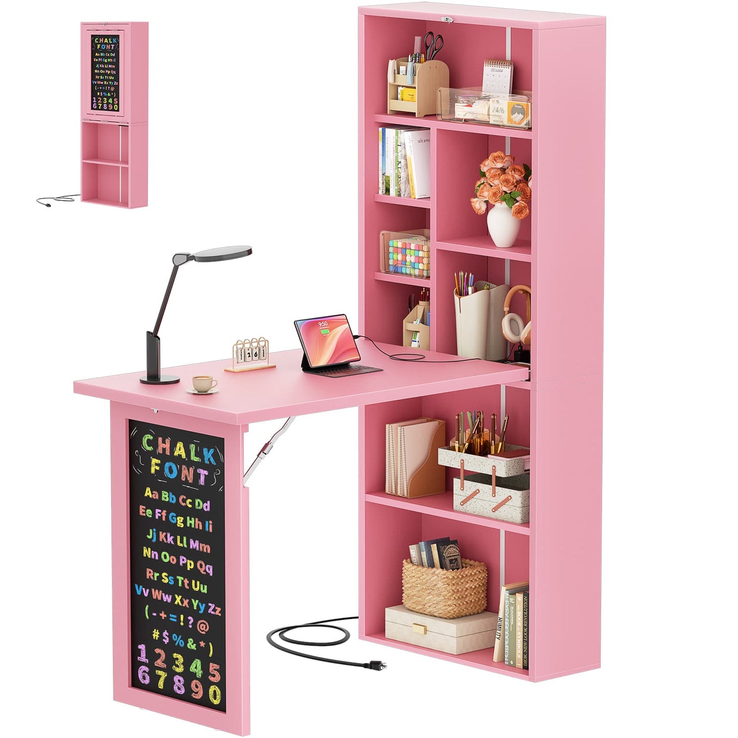 Small Folding Desk with Outlets, Convertible Writing Desk for Small Spaces