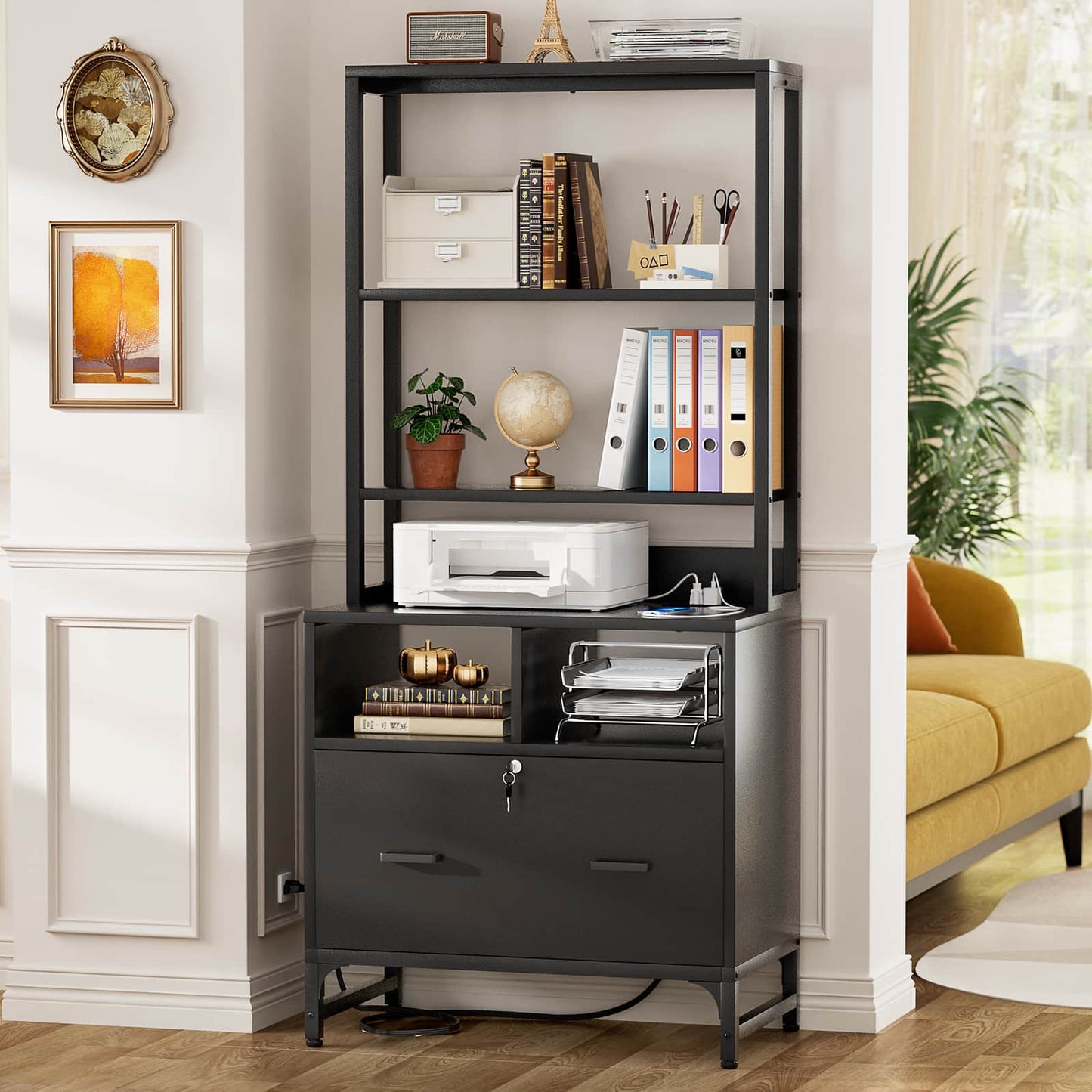 File Cabinet with Charging Station, Vertical Filing Cabinet with Lock & Large Drawer