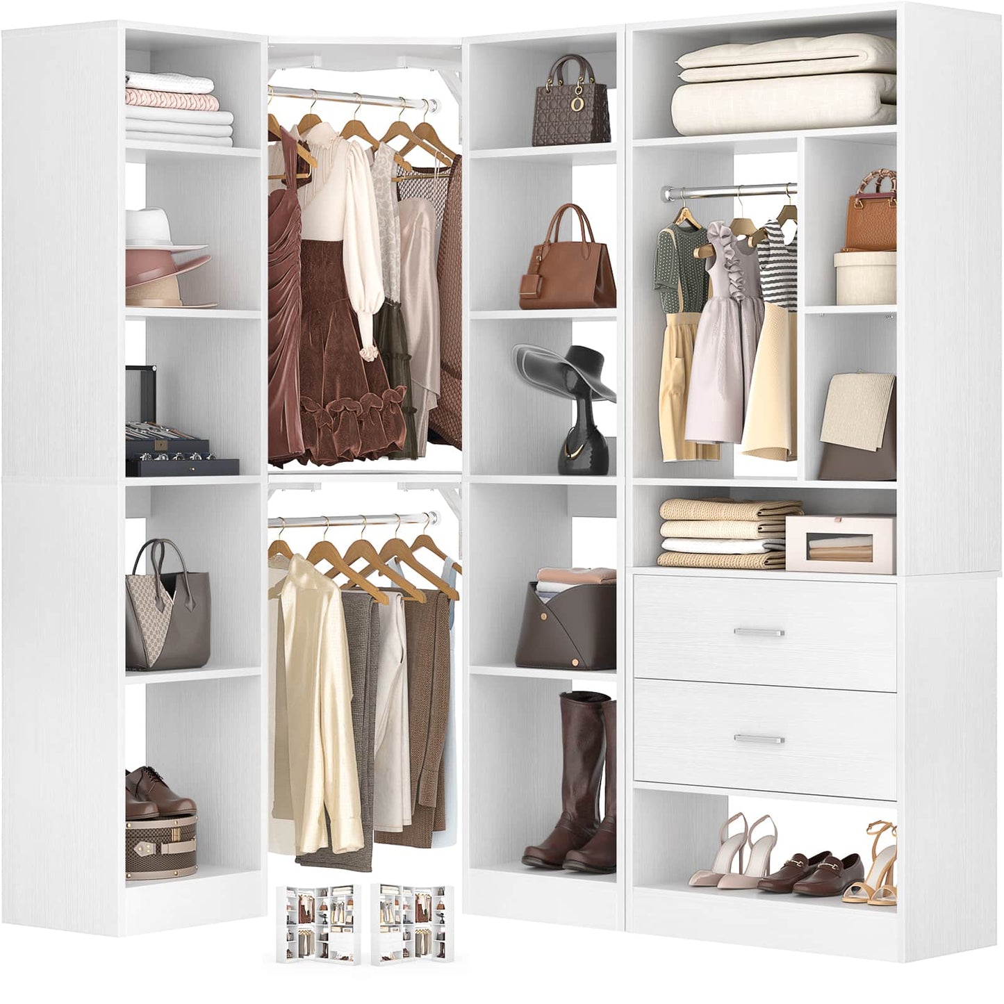 Closet System Closet Organizer, Wood Closet Organizer System,Walk-in Closet or Small Closets Wardrobe, Clothes Rack with Hanging Rods