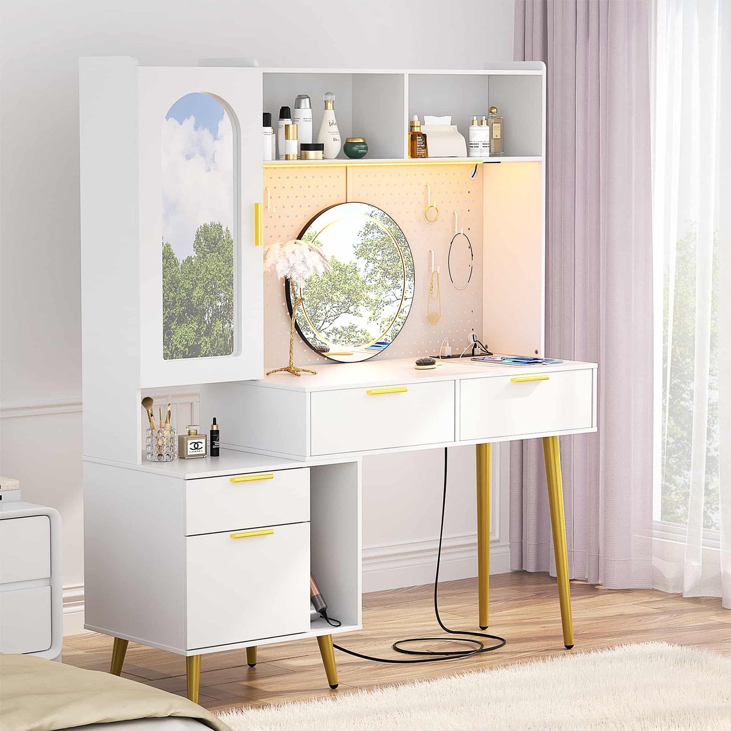 48" Makeup Vanity with Hutch, LED Lighted Mirror & Charging Station, 5 Large Drawers, Shelves, Pegboard & Cabinet