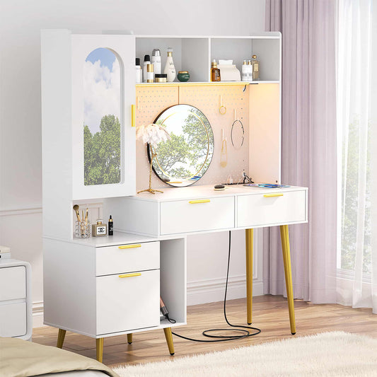 48" Makeup Vanity with Hutch, LED Lighted Mirror & Charging Station, 5 Large Drawers, Shelves, Pegboard & Cabinet