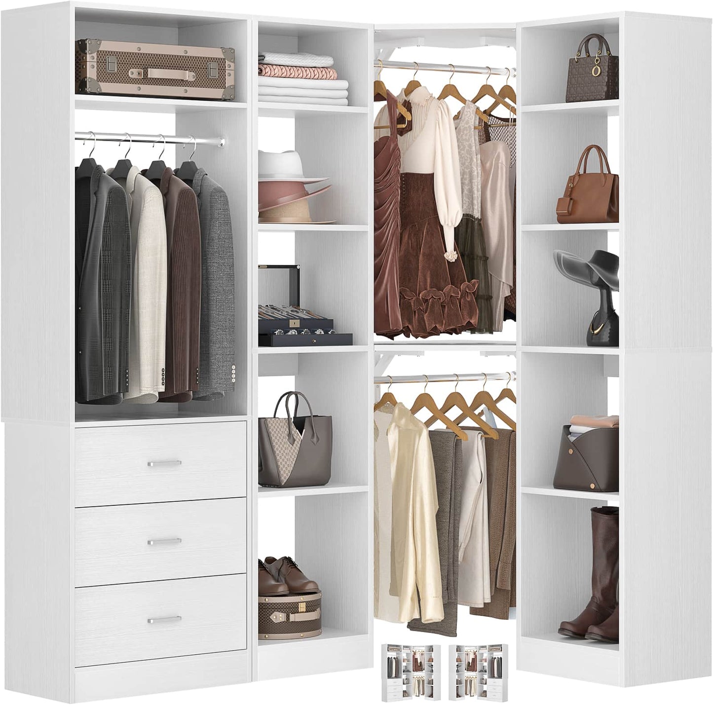 63.2" L X 39.2" W X 80" H Corner Closet System,Freestanding Closet Organizer System With 2 Drawers & 12 Shelves