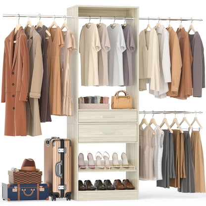 Closet System with Wooden Drawers, Adjustable Angled Shoe Rack