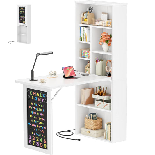 Small Folding Desk with Outlets, Convertible Writing Desk for Small Spaces