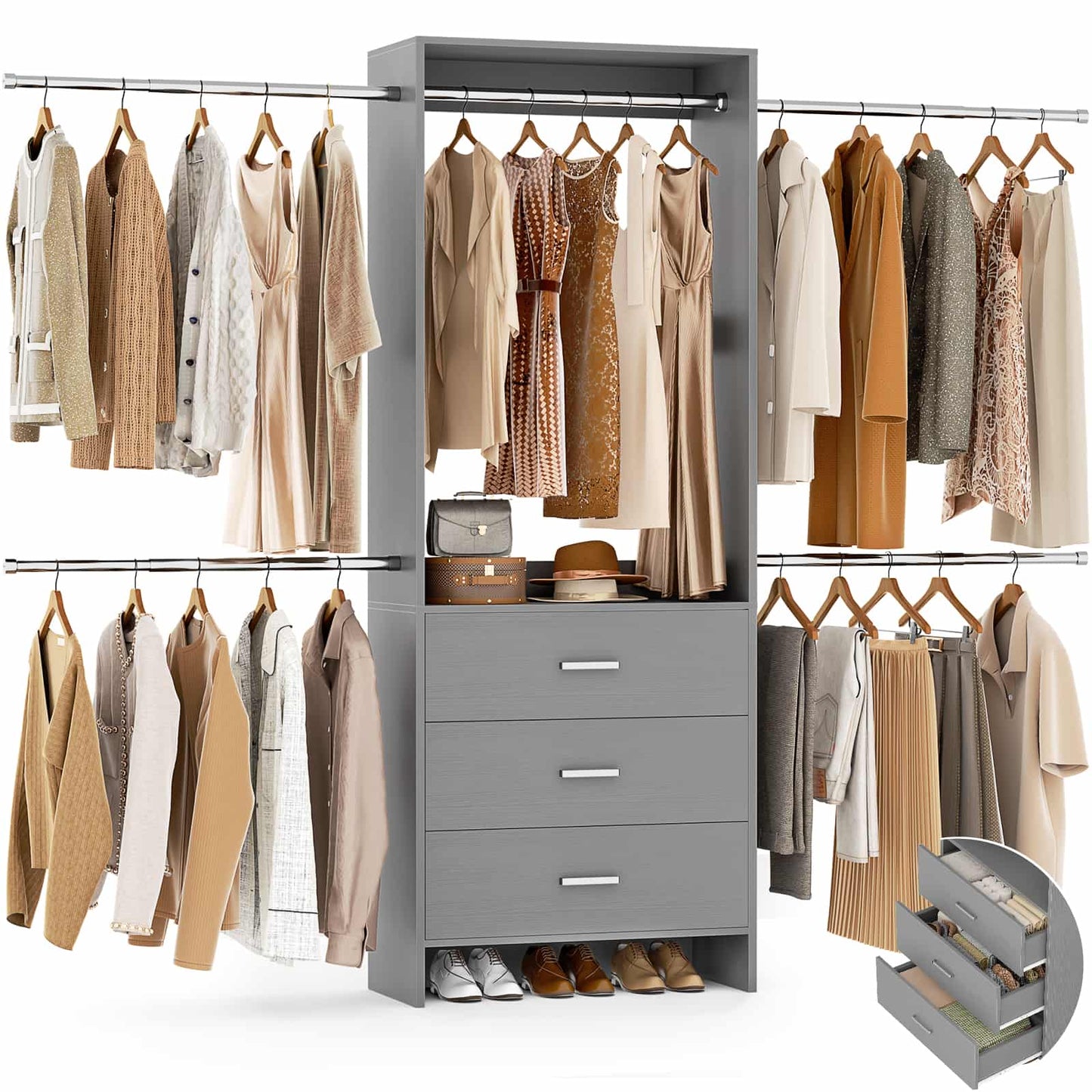 Closet System, Closet Organizer with 3 Wooden Drawers