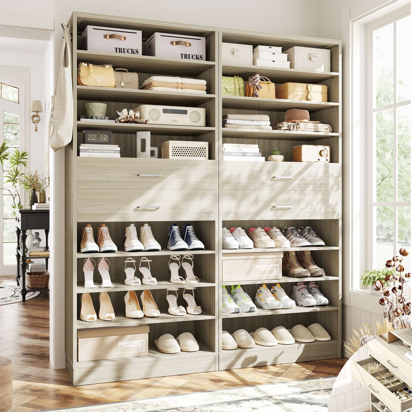 2-Pack 10-Tier Shoe Cabinet Set with 4 Drawers, 65cm Width Freestanding Organizer