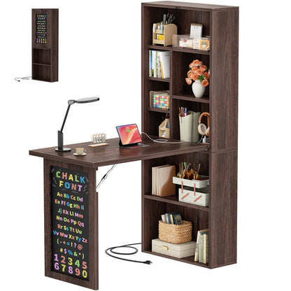 Small Folding Desk with Outlets, Convertible Writing Desk for Small Spaces
