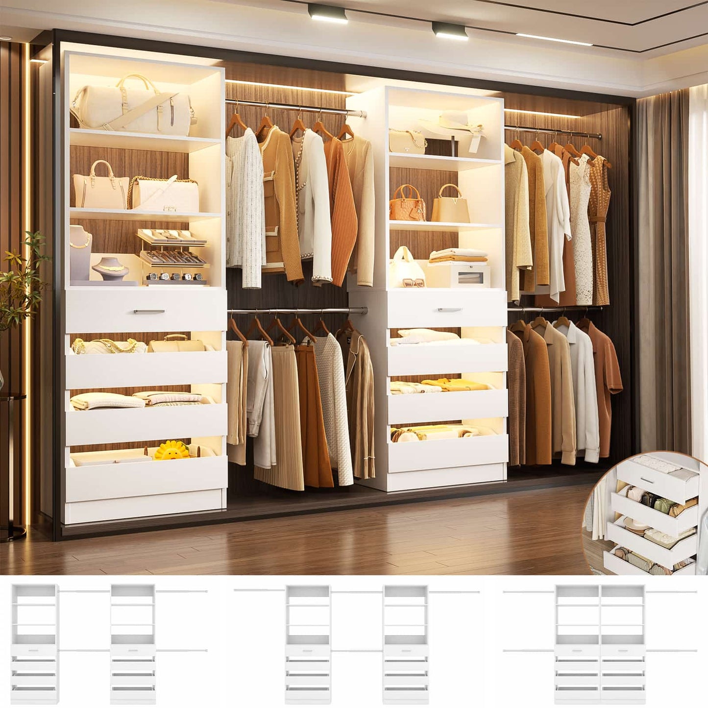 Adjustable Closet Organizer System (6-15Ft) with 8 Wooden Drawers & Modular Tower