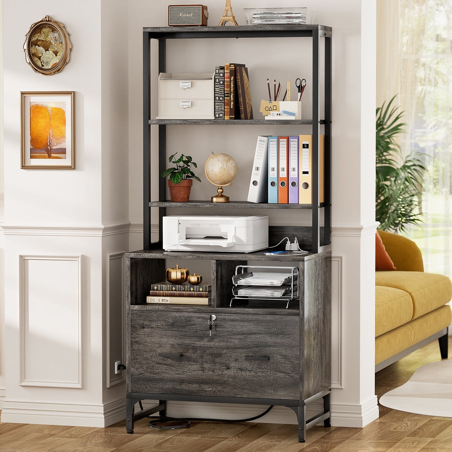 File Cabinet with Charging Station, Vertical Filing Cabinet with Lock & Large Drawer