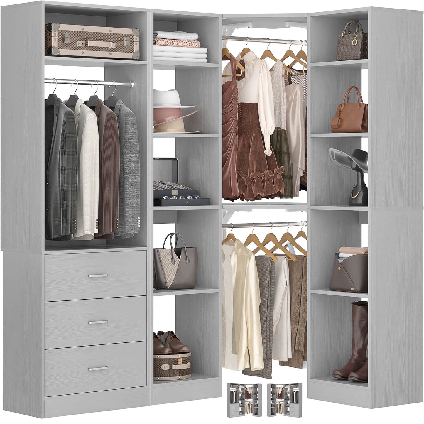 63.2" L X 39.2" W X 80" H Corner Closet System,Freestanding Closet Organizer System With 2 Drawers & 12 Shelves