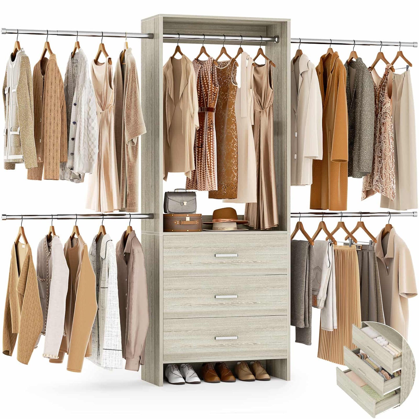 Closet System, Closet Organizer with 3 Wooden Drawers