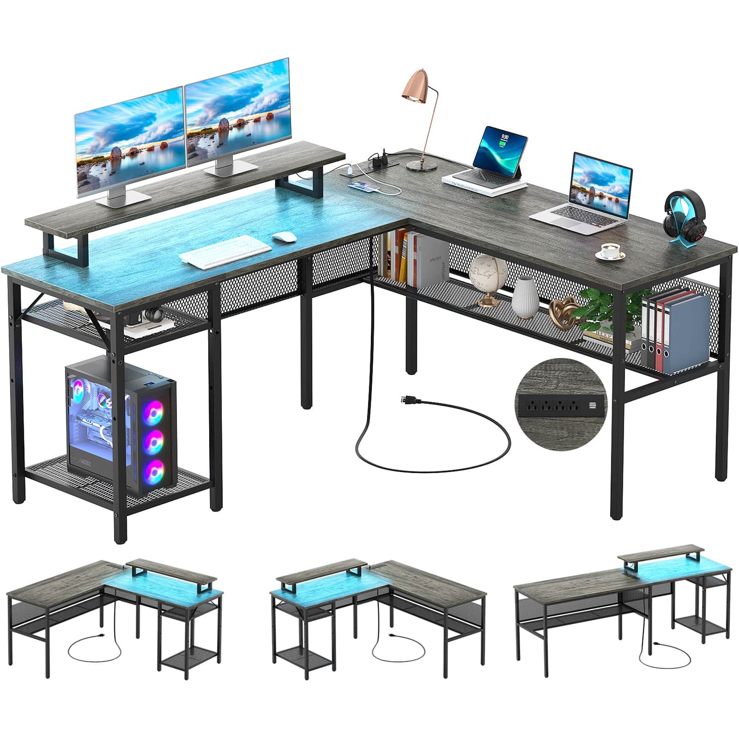 L Shaped Computer Desk with Magic Power Outlets and Smart LED Light