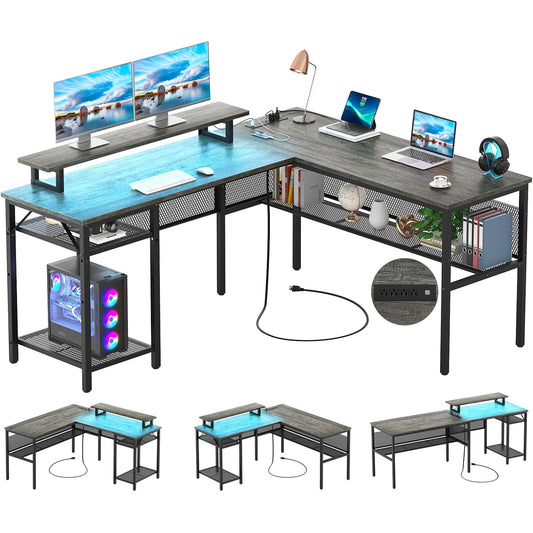 L Shaped Computer Desk with Magic Power Outlets and Smart LED Light