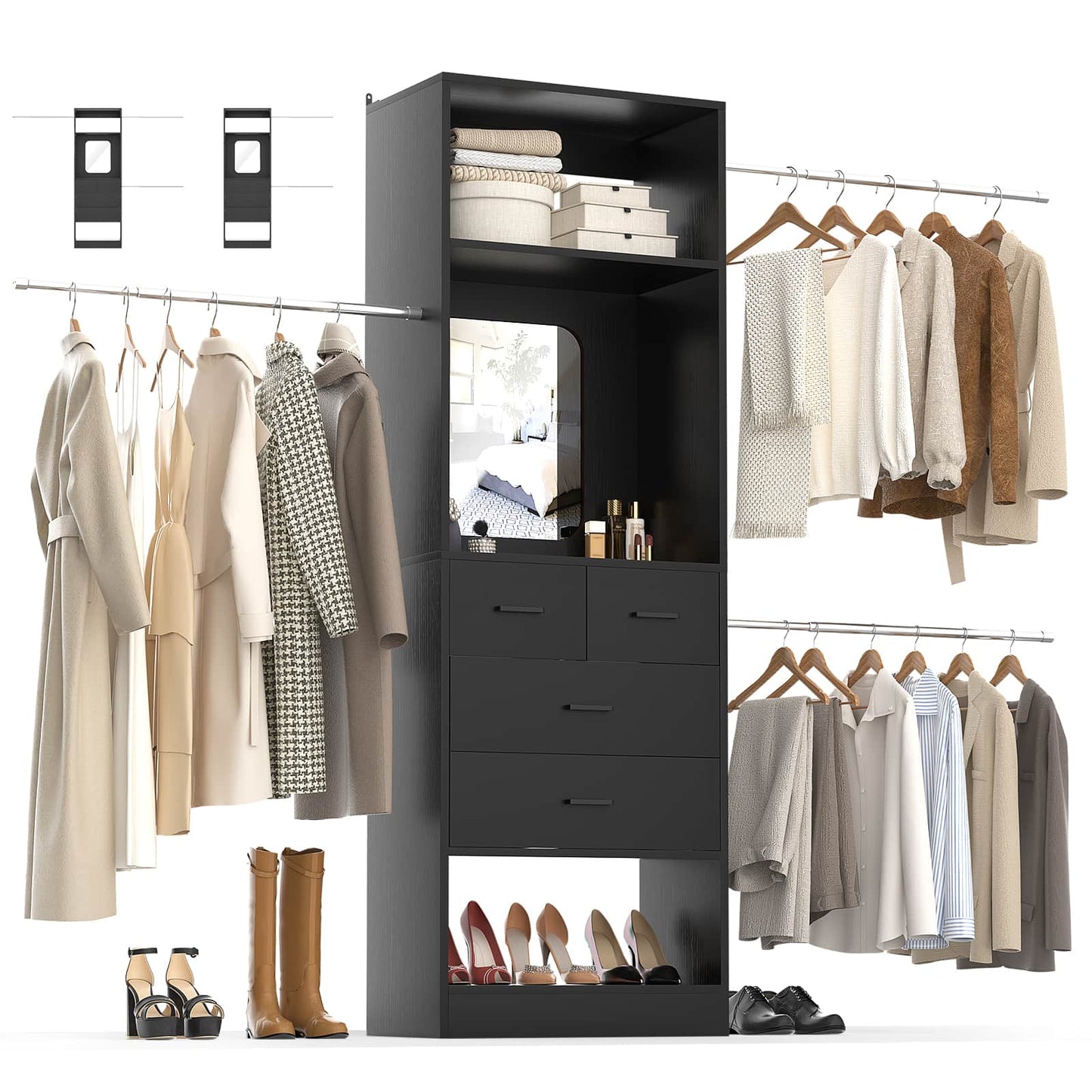 8FT Walk in Closet Systems Starter Kit with 25” Tower and 3 Extendable Hanging Rods