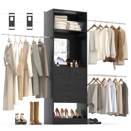 8FT Walk in Closet Systems Starter Kit with 25” Tower and 3 Extendable Hanging Rods