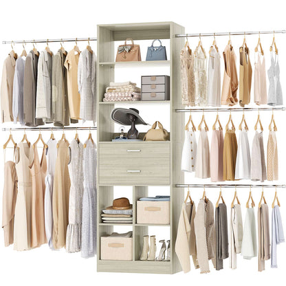 4-8 FT Walk-in Closet Organizer Tower, 2 Wooden Drawers + 5 Hang Rods, Built-in Shelves, Fit 60-96'' Closet Systems